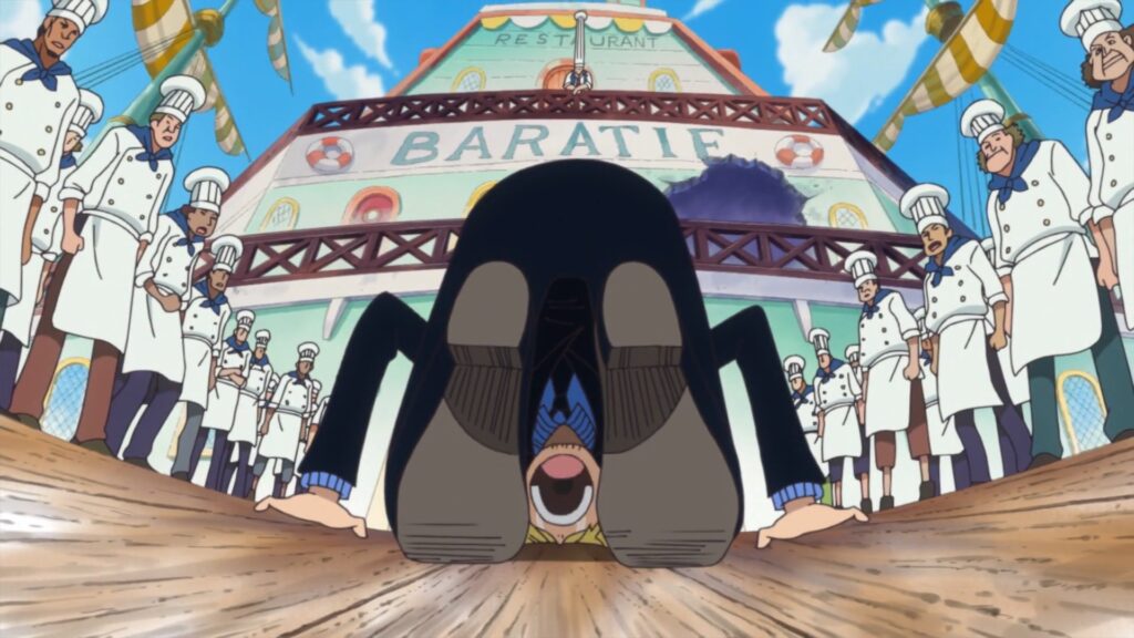 One piece 801 Baratie. Sanji has been one of the troublemakers aboard the Baratie, until he joined the Straw Hats.