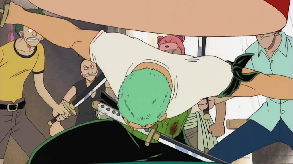 One piece Episode 5 Zoro facing Buggy the Clown in Orange Town.