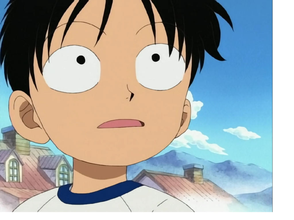 Luffy One Piece season 1 episode 4 watching Shanks with interest