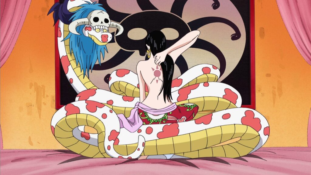 One Piece Boa Hancock showing her Celestial Dragon's brand to Luffy in Episode 415 during Amazon Lily Arc