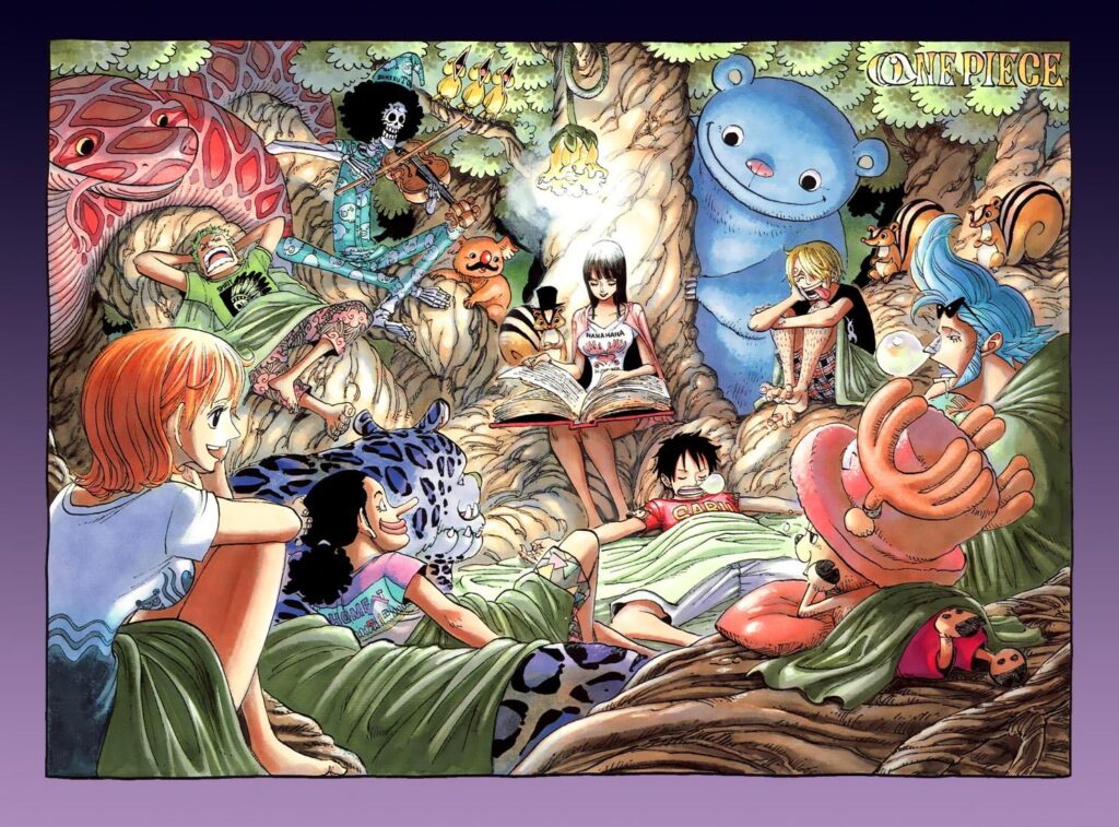 One Piece Cover 702 Strawhats listening to the story of Robin.