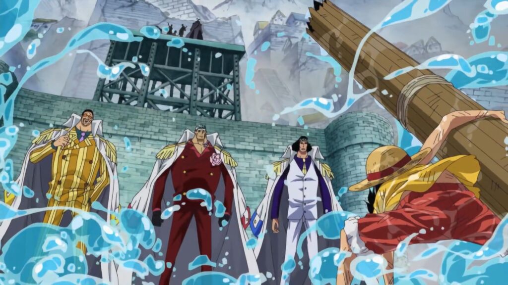 One Piece Episode 479. Luffy stays unfazed in the face of 3 admirals during Marineford arc.