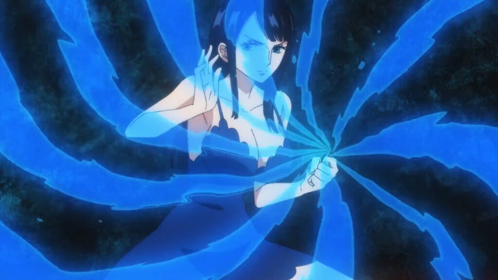 One Piece 1020 Robin Trained in Fishman Karate which she can use as an effective combat style.