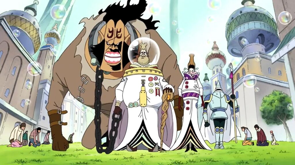 One piece 391 World nobles moving around with a slave as a pet.