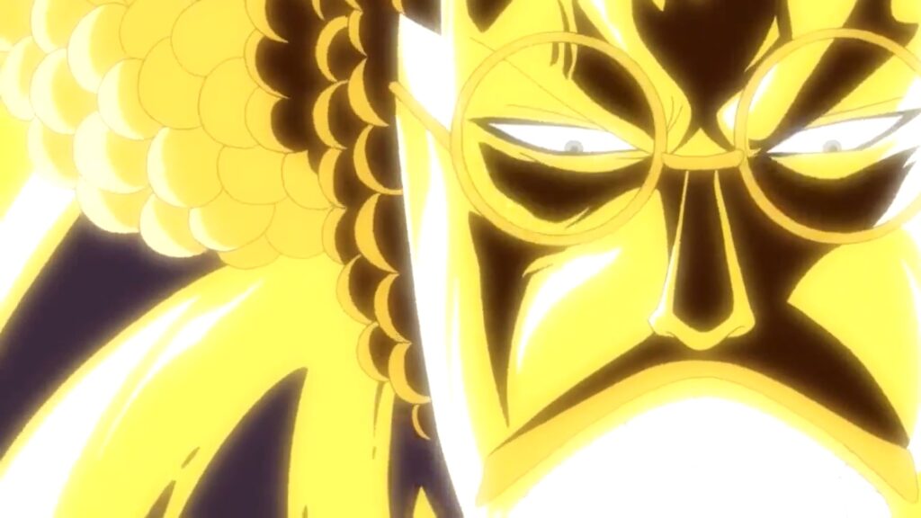 One Piece 480 Fleet Admiral Sengoku has a Zoan Devil fruit that allows his to transform in a big golden buddha.