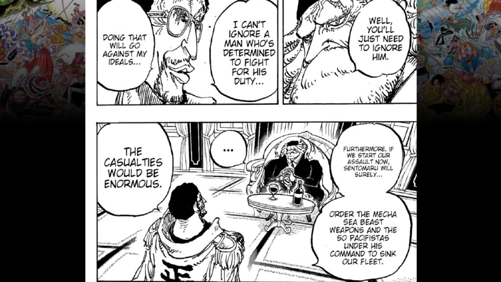 One Piece Chapter 1090 Kizaru refuses to attack as he does not want to fight Sentomaru.