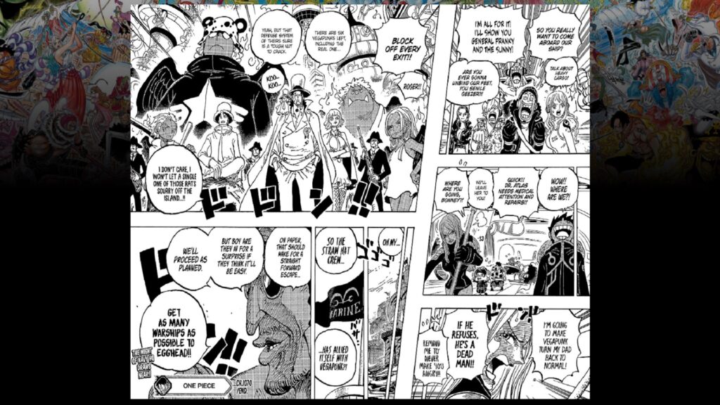One Piece Chapter 1090 Rob Lucci is informing the Gorosei of what is going on on the island.