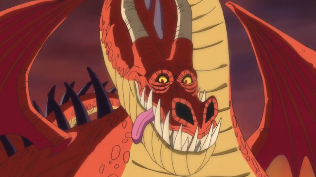 One Piece Ep 580. Luffy defeats a dragon which is later cooked by Sanji.
