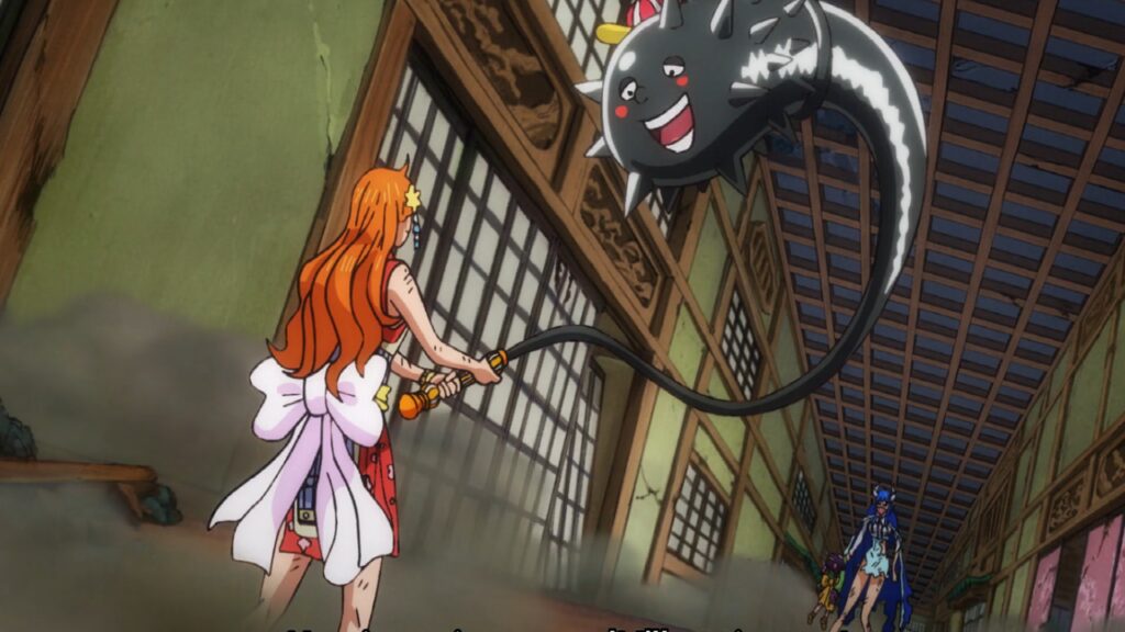 One Piece 1038 Nami does not have  Devil fruit but she uses her Weather Baton and Zeus to manipulate weather.