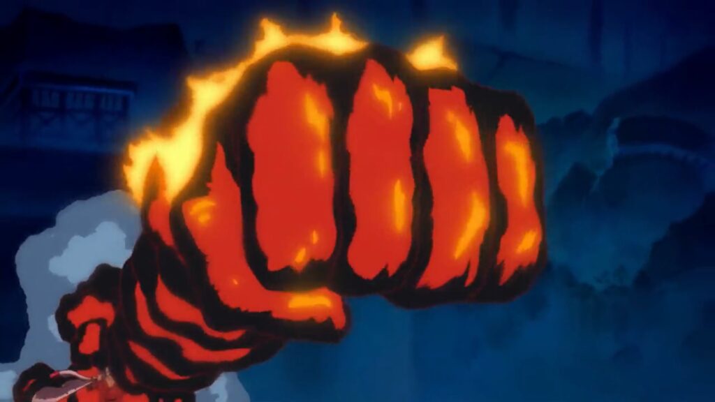 One Piece Episode 480 Admiral Sakazuki hits Whitebeard with one of his magma Punches.