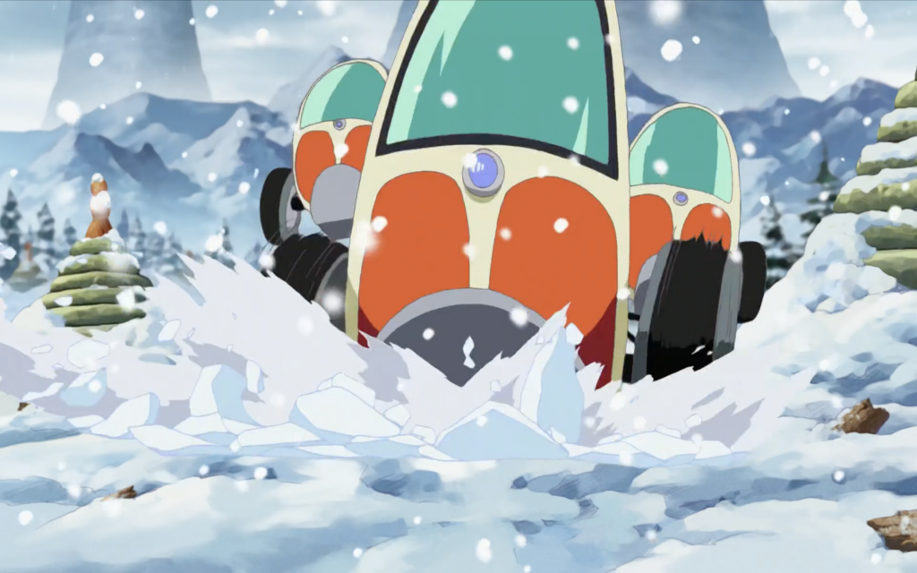By comparison with the anime in this movie they use snow vehicles to move around.