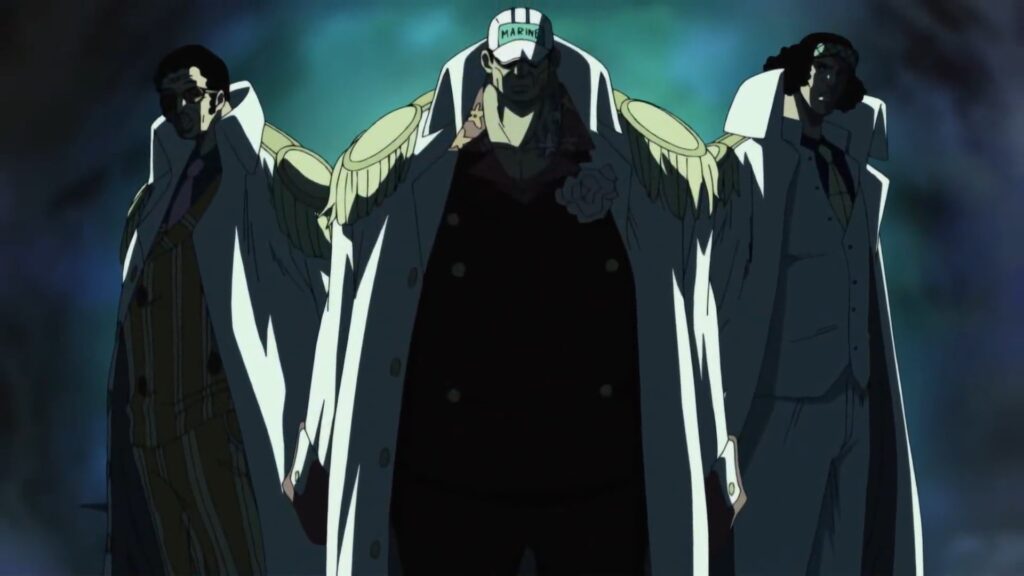 One Piece Episode 460. Aokiji, Kizaru and akainu are the three admirals before the time-skip.