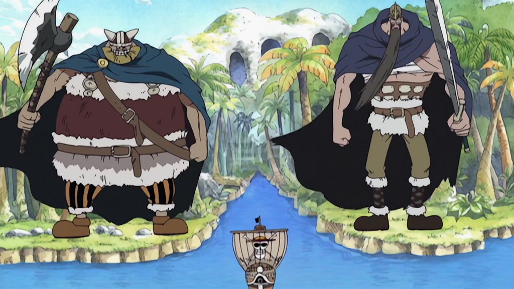 One Piece 202 Drogy and Brogy protect the straw hats from a sea monster.
