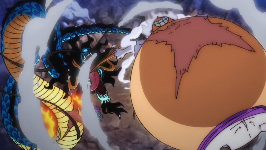 One Piece EP 1072, Luffy uses Gum Gum Giant Rocket to escape from Kaido's mouth