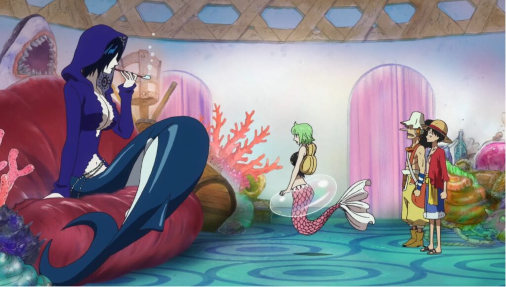 One Piece Madam Shyarly talking with Camie and Luffy in episode 529