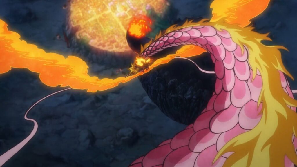 One Piece 1076 Momo saves the flower capital after creating his own flame clouds.
