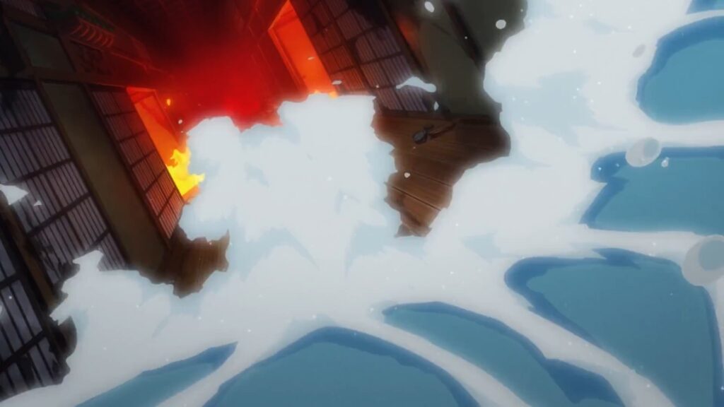 One Piece 1076 Jimbei and Raizo work together to extinguish the fire by using the water from Zou.