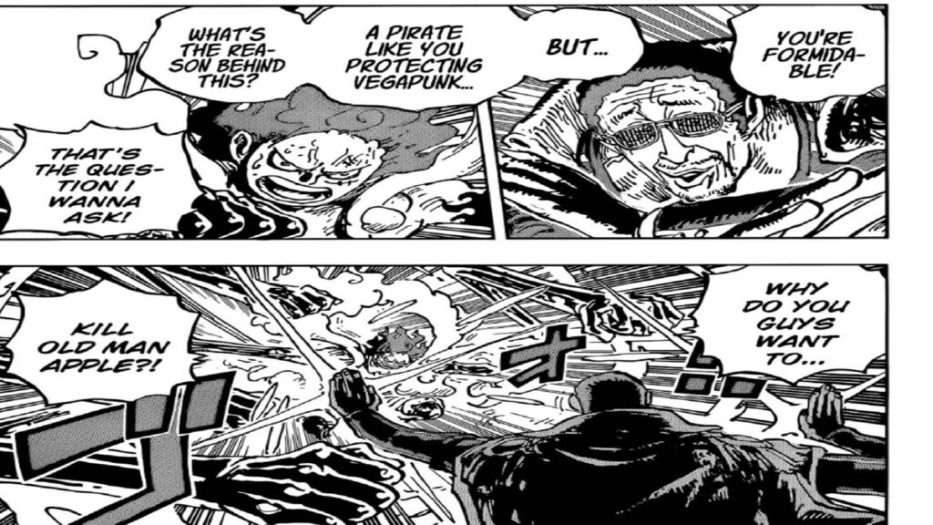 One Piece Chapter 1092 Back on Egghead Island Luffy is Fighting Kizaru in his snakeman form.
