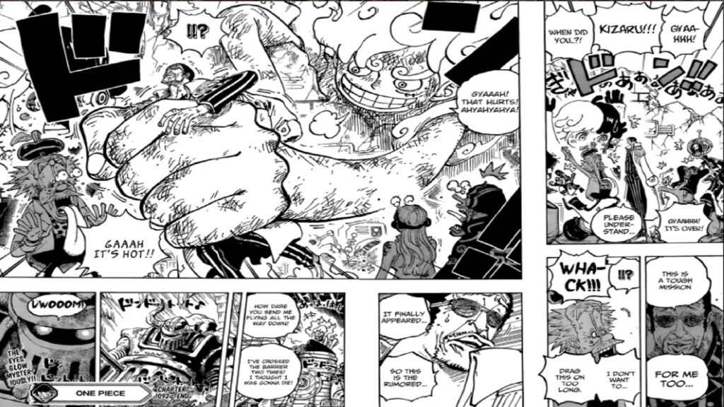 One Piece Chapter 1092 The Mecha Wakes up after what Luffy and Kizaru broke up into Vegapunk's lab.