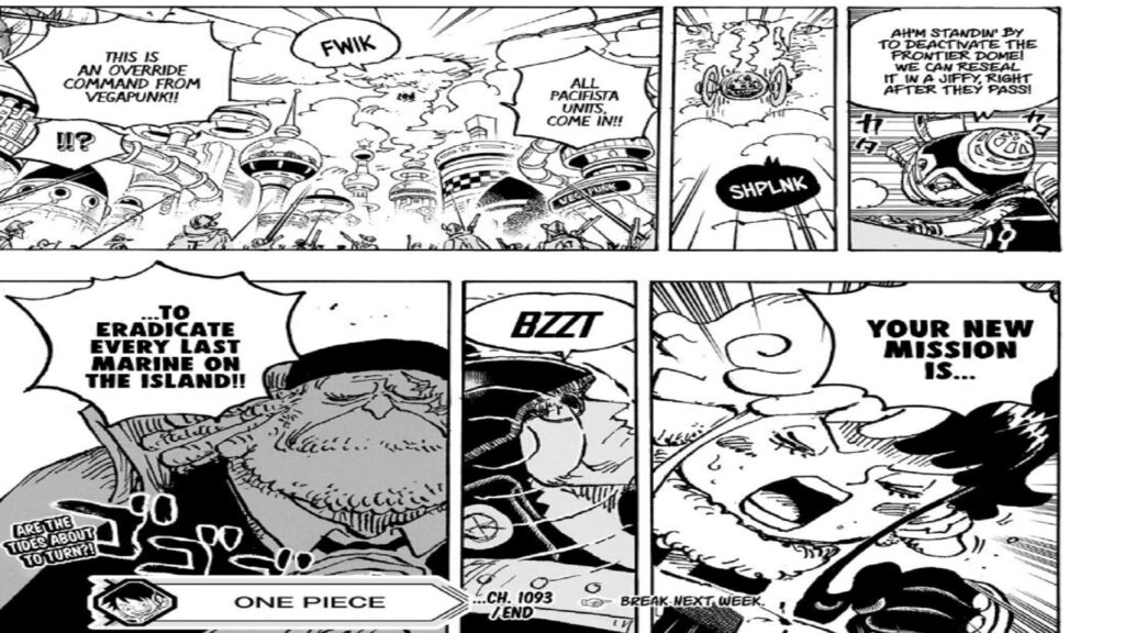 One Piece Chapter 1093 Vegapunk took control over the Pacifistas back and speed up the escape plans.