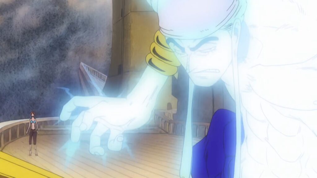 One Piece 182 Enel has the Devil Fruit Known as the Rumble Rumble Devil Fruit which makes him a living lightning.