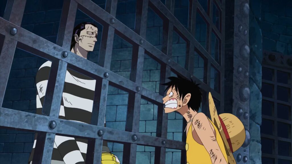 One Piece 443 Luffy and Crocodile in Impel Down arguing about what happened in Alabasta.