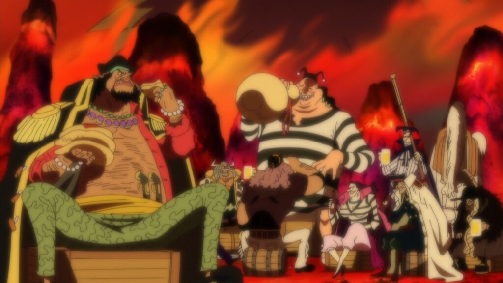 One Piece 513 Blackbeard Pirates and Avalo Pizzaro drinking and celebrating together