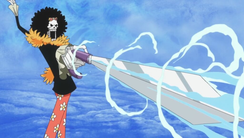 One Piece Brook using his Kasuriuta: Fubuki Giri technique