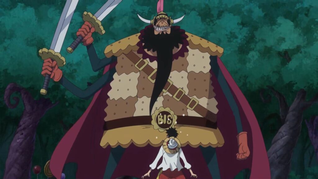 One Piece Charlotte Cracker is defeated by Luffy.