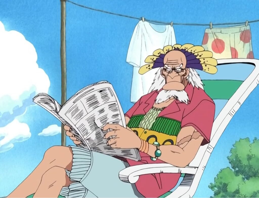 One Piece Crocus sitting on a chair and talking to Straw Hat members