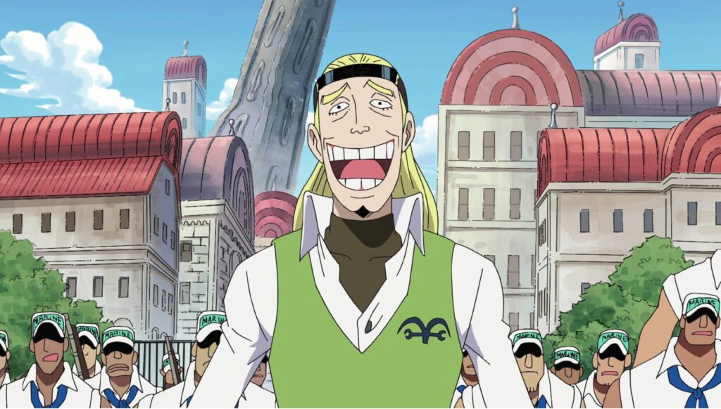 One Piece Helmeppo laughs at the sight of luffy and zoro.