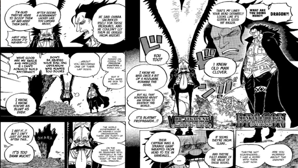 One Piece 1066 Vegapunk and Monkey D Dragon meet on the Island of Ohara.