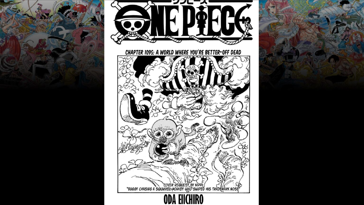 One Piece Chapter 1095 Buggy is chasing a squirrel on the Cover.