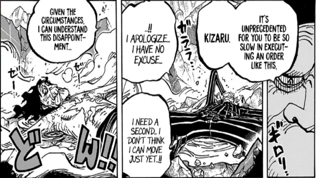 One Piece Chapter 1095 Kizaru Disappoints Saturn as he is still recovering.