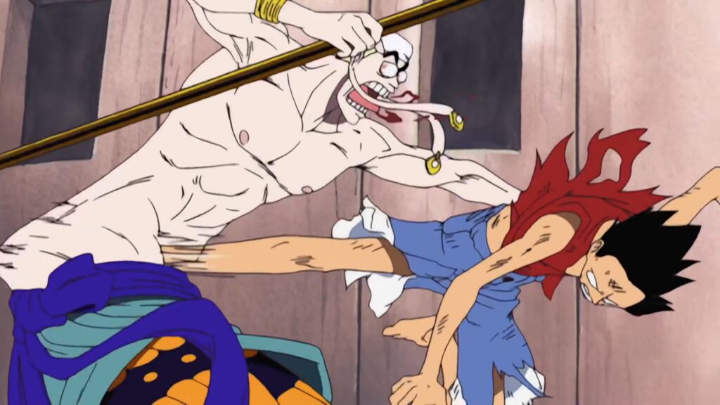 One Piece 182 Luffy kicks Enel in the belly.