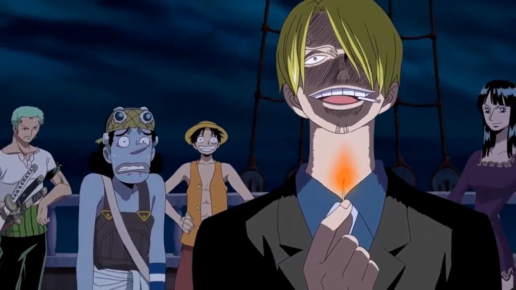 One Piece 339 Sanji is telling the straw hats a scarry story.