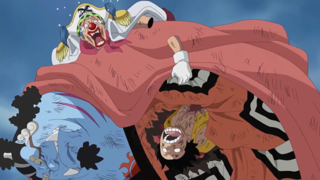 One Piece 488 Buggy Flies by using his Devil Fruit.