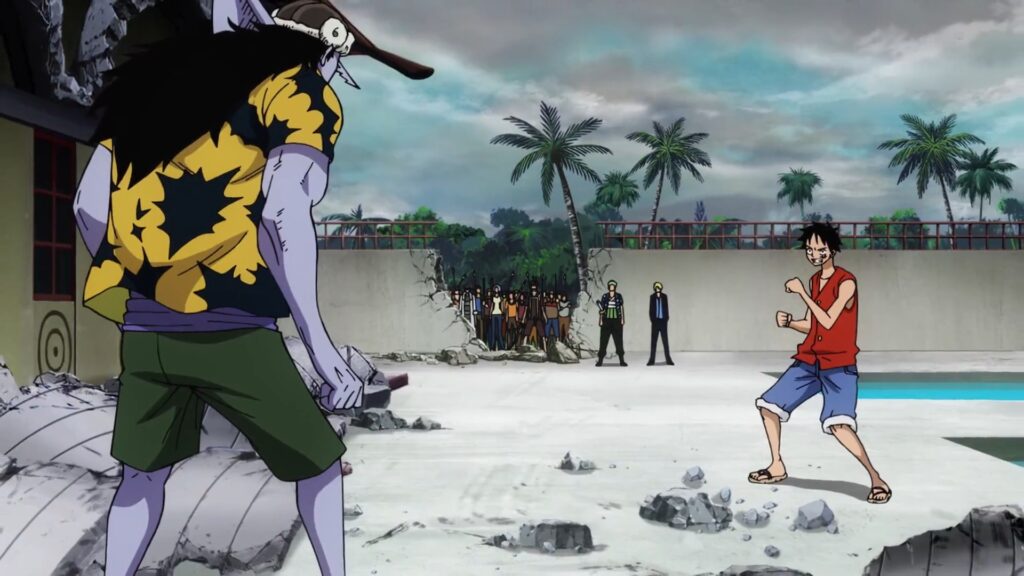 One Piece East Blue Episode Luffy destroys Arlong Park and defeats Arlong himself.