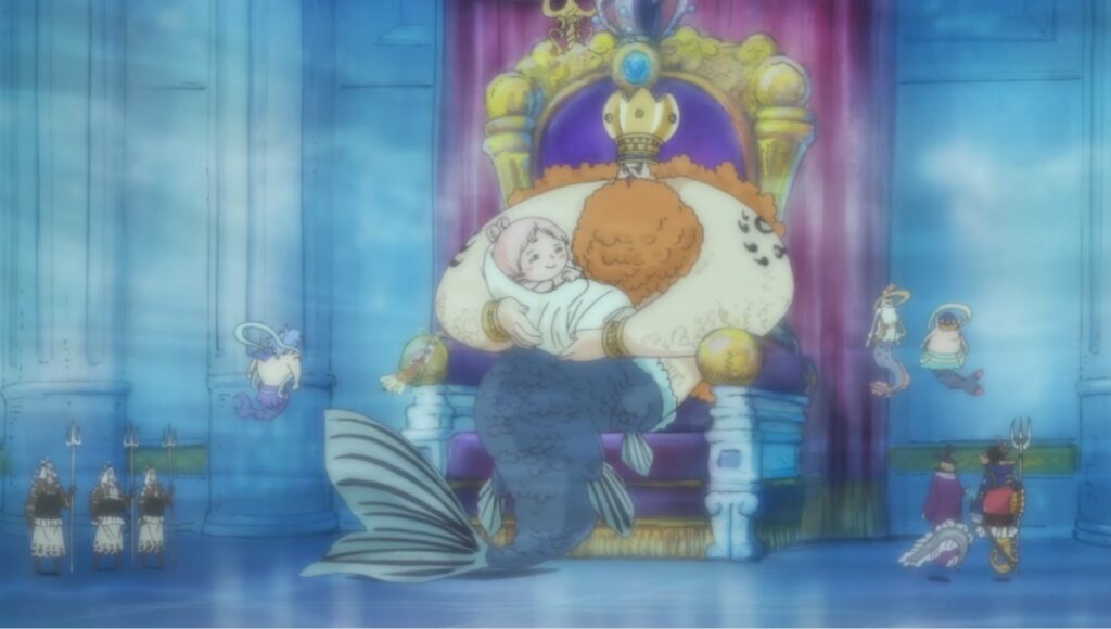 One Piece Neptune holding his daughter Shirahoshi