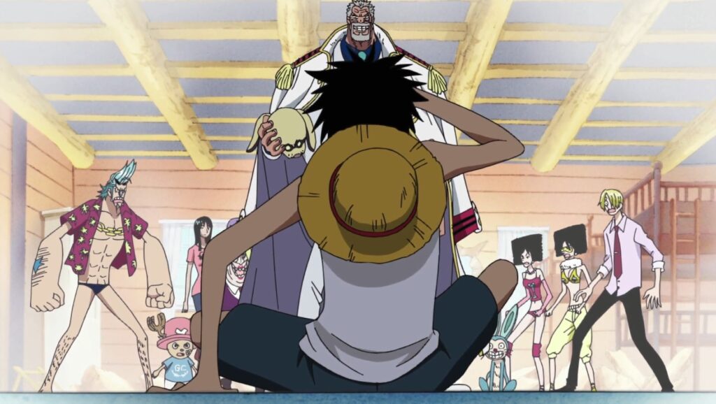 One Piece Garp defeating Luffy with Armament Haki punch of love.