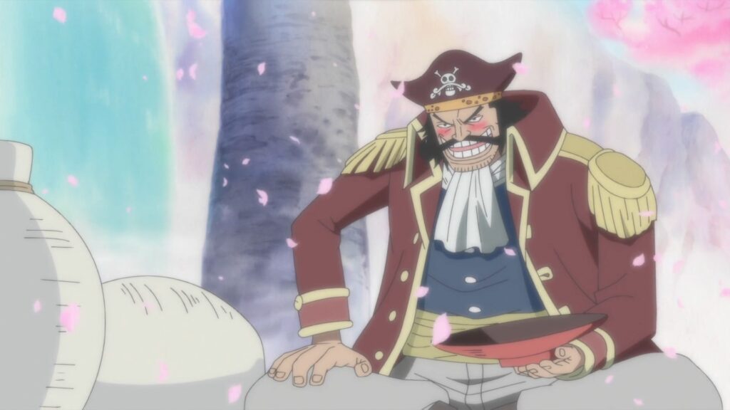 One Piece Gol D. Roger is sipping a drink with whitebeard.
