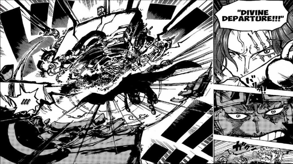 One Piece 1079 Shanks uses Divine Departure on KID Pirates.