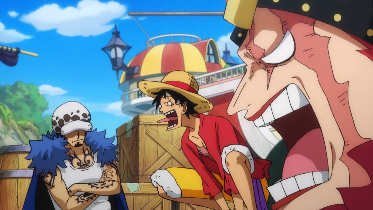 One Piece 1083 Luffy Law and Kid fight about setting sales direction.