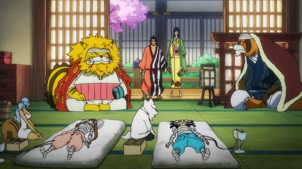 One Piece 1083 Raizo and Shinobu are recovering after the fight with Greenbull.