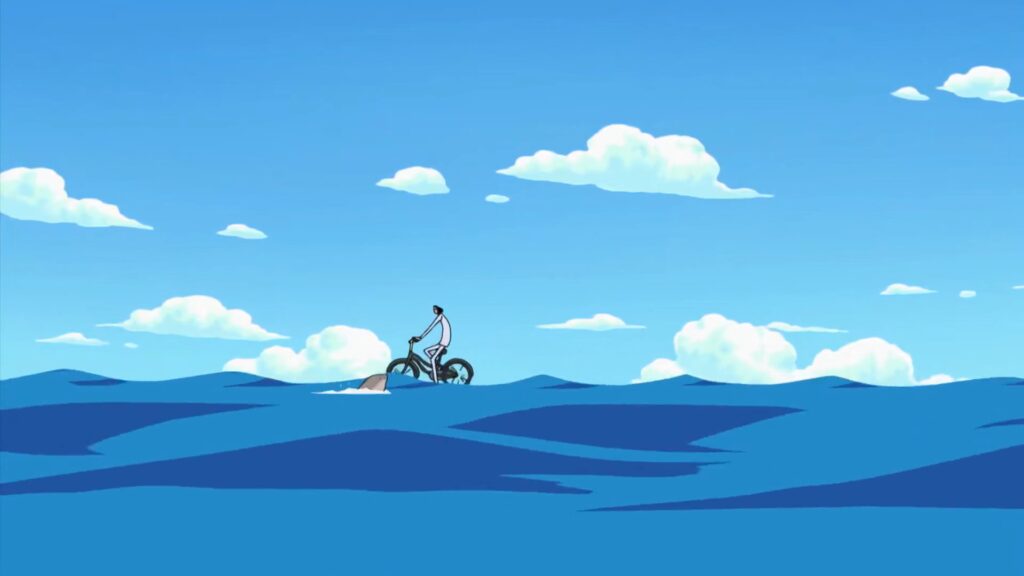 One Piece 225 Kuzan uses his Devil Fruit power to freeze water and travel by bike.