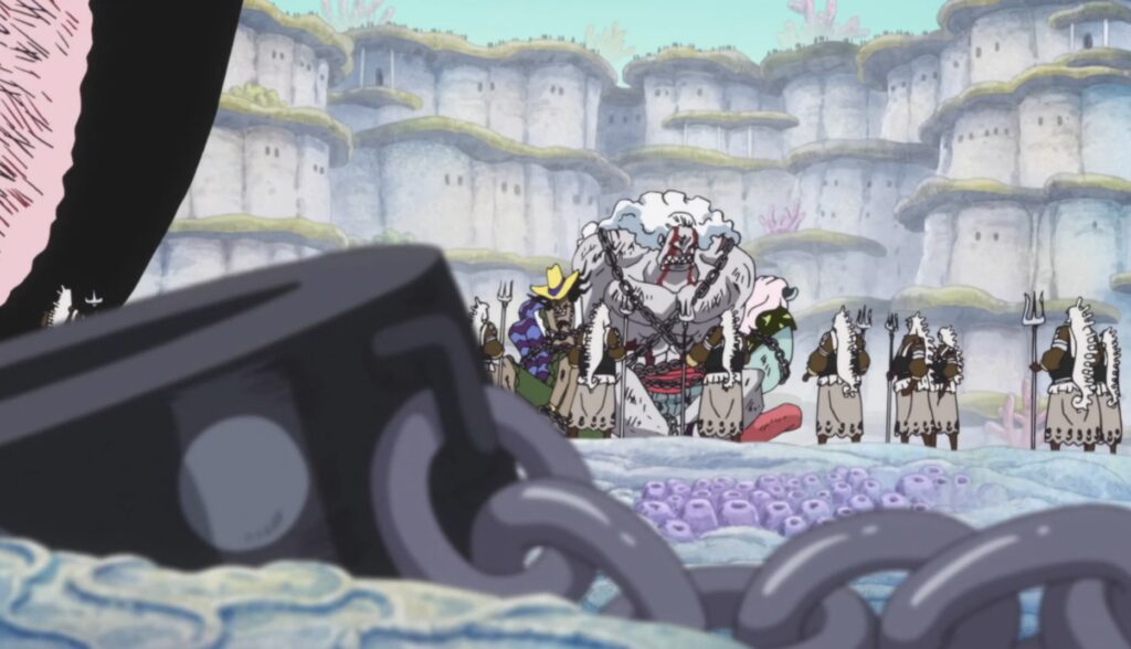 One Piece Luffy defeated Hody jones and brought back home to fishman island.