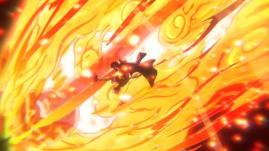 One Piece Luffy uses the Red Hawk attack.