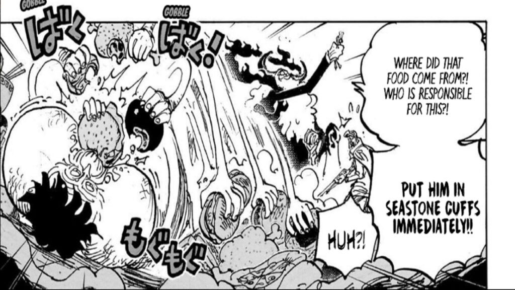 One Piece 1104 Luffy is eating food on the floor.